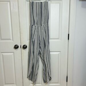 Anthropologie DREW Wide Split Leg Strapless Striped Romper Size XS cream blue